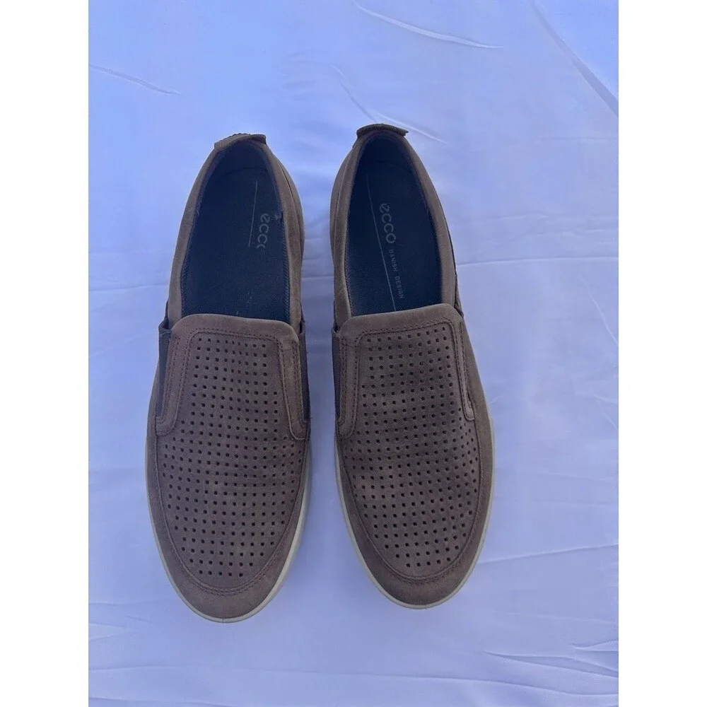 ECCO Slip On Brown Leather Shoes Perf Vamp 45 Mens 11 M Smooth Loafers Stretch